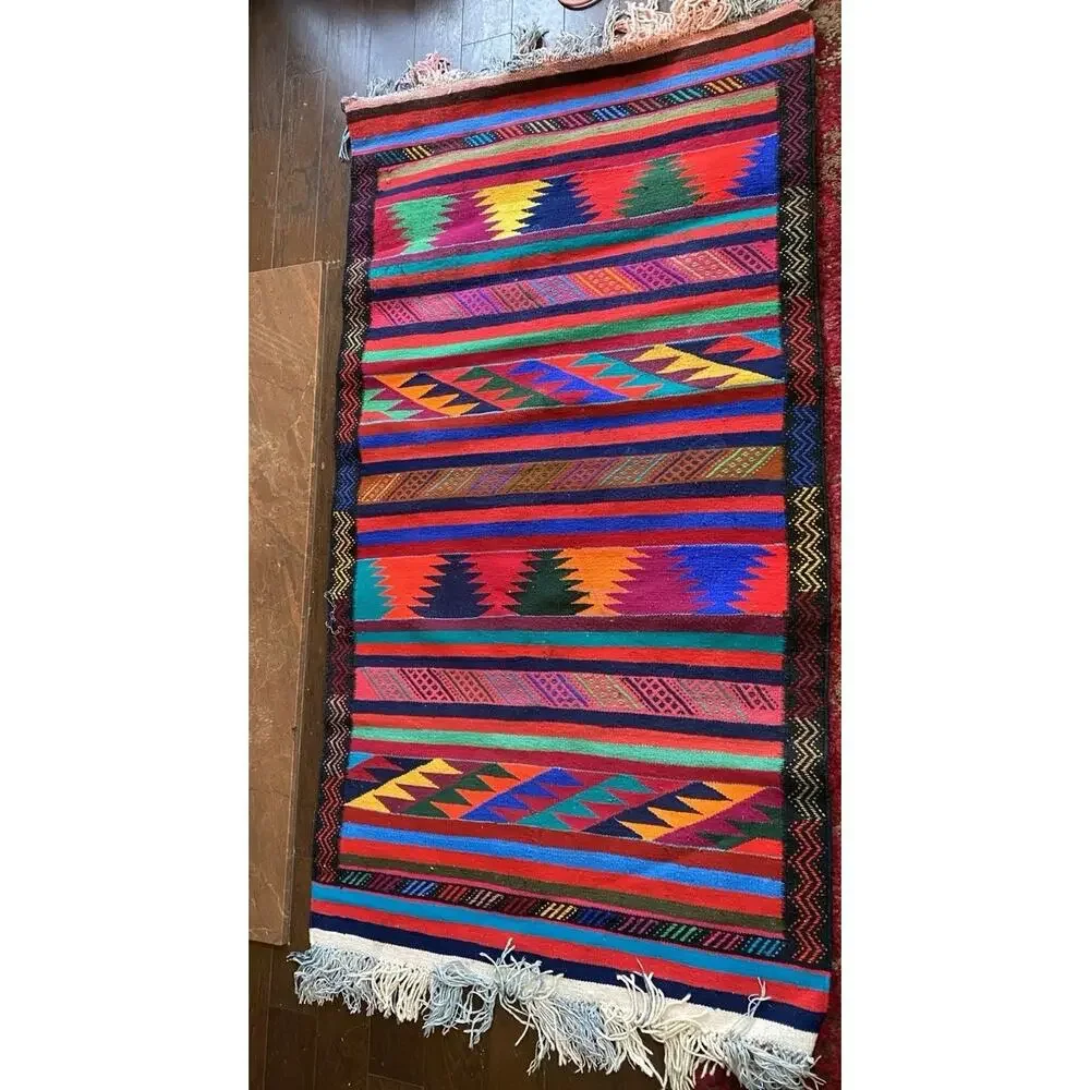Vintage Turkish Kilim Rug 35x49 Wool Hand Woven Tribal Boho Accent Rug Striped